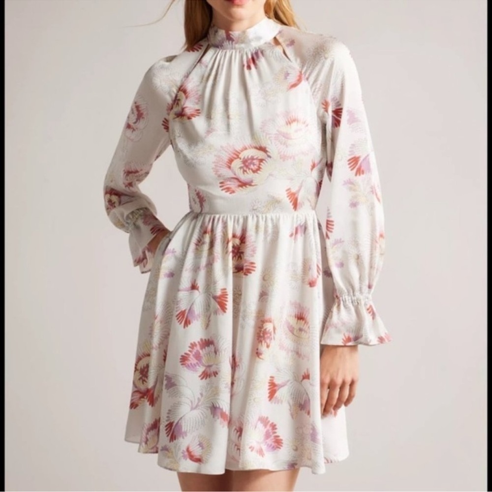 Ted Baker Dinnaa Floral high neck long sleeves Mini Dress Ivory size tb 1 US 2 - Picture 2 of 6